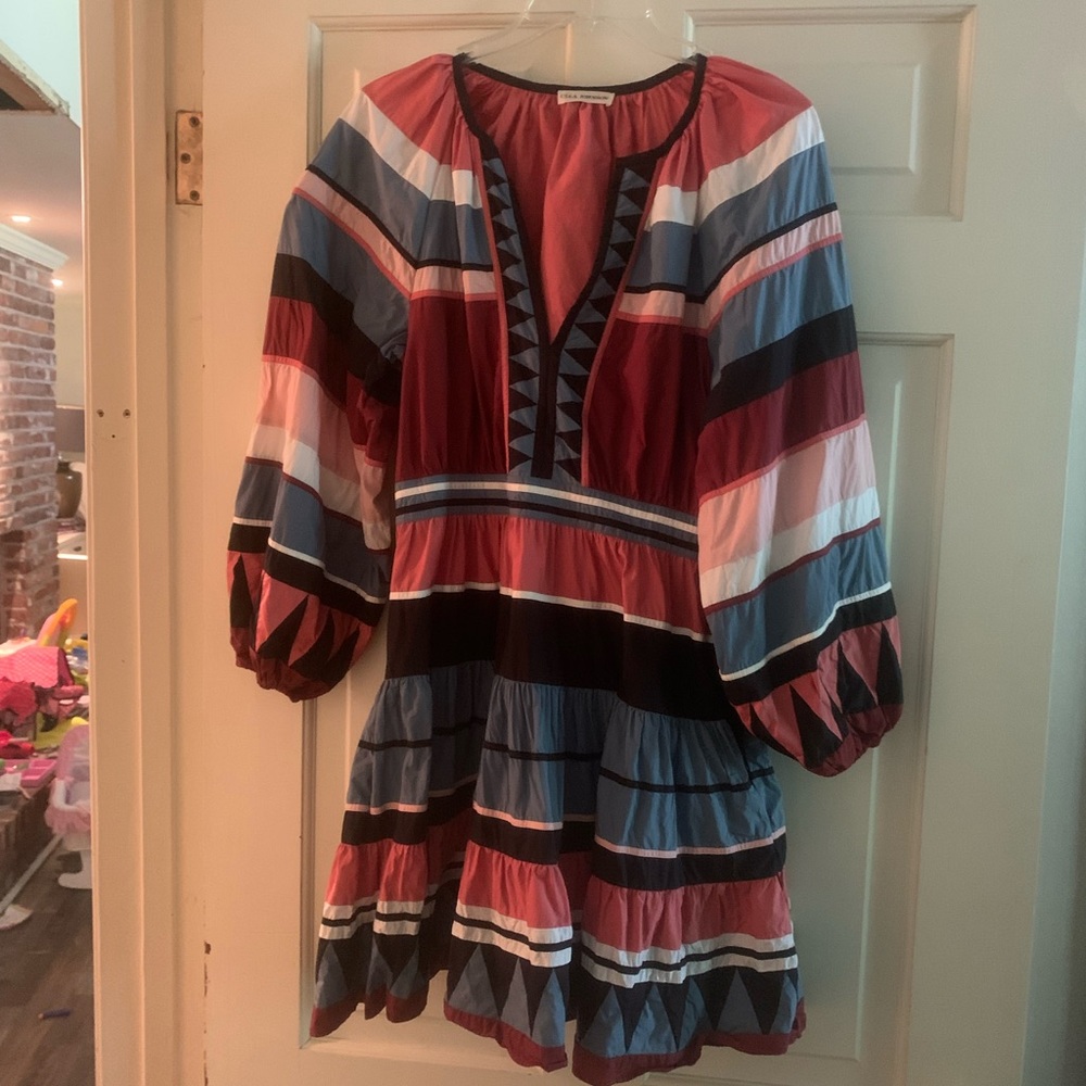 Ulla Johnson longsleeved red black blue & white short dress sz 6